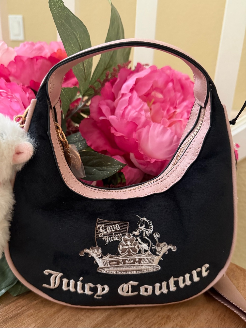 Juicy Couture NWT Black and Pink Embroidered Mini Hobo crossbody bag